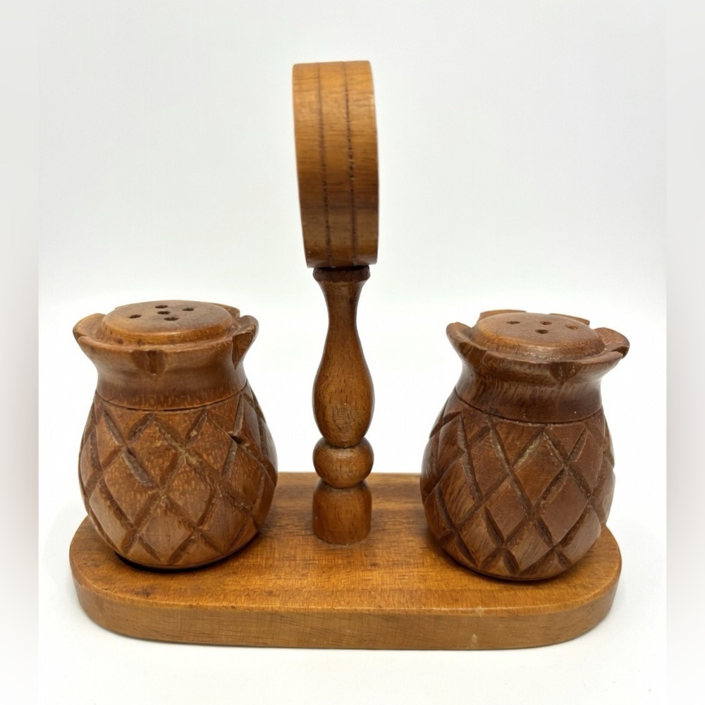 Vintage Mid Century Monkey Pod Wood Pineapple Salt & Pepper Shakers with stand